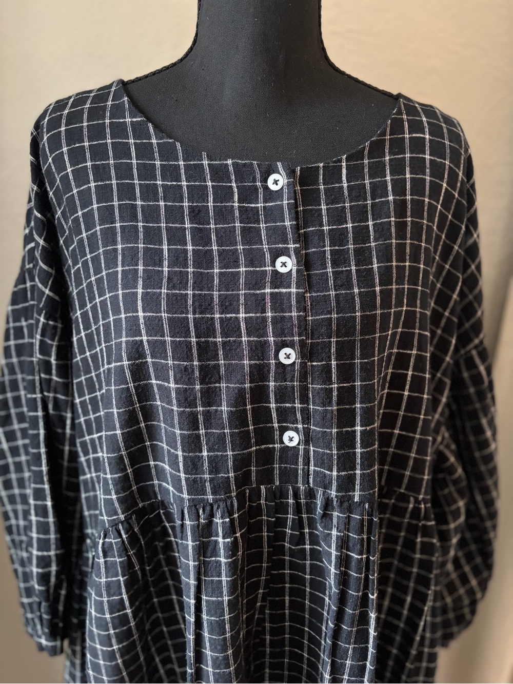 ABLE Nico Swing Dress Black Windowpane Gingham Button-Front Babydoll Dress - Picture 3 of 8